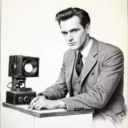 a man is in front of an old camera