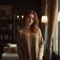 a woman stands by a window in a room with bookshelves