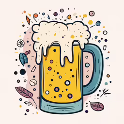 a mug filled with some beer surrounded by leaves