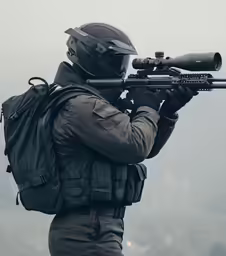 a man holding a rifle and wearing a helmet