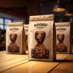 three bags of dog food are sitting on a table