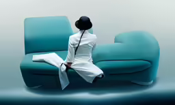 a person sitting on top of a blue sofa