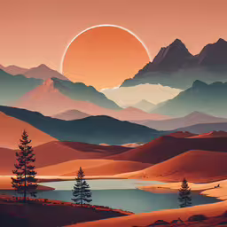 a desert landscape, featuring mountains and a lake,a painting of mountains, a lake and trees are featured in this landscape