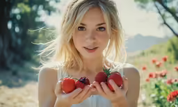a woman in a white shirt holding two strawberries