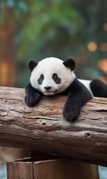 panda bear leaning against a log looking over it