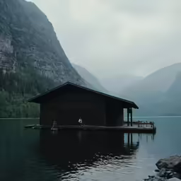 two people standing on a dock in the middle of a lake