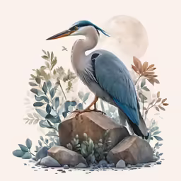 a painting of a bird with its beak resting on the edge of some rocks