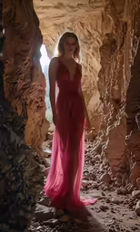a woman in a long dress is standing in a cave
