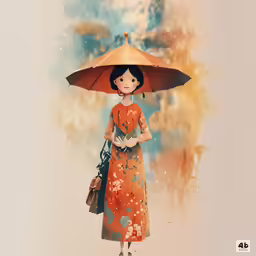 there is a woman wearing an orange dress and holding a umbrella