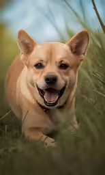 a dog is lying in the tall grass