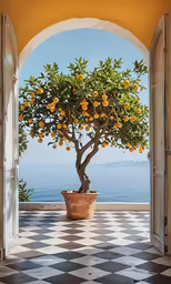 an orange tree growing inside of a pot