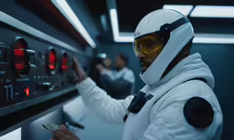 a man in white suit standing next to control panel