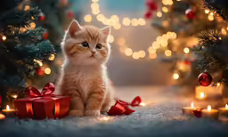 a kitten sitting by a christmas tree in front of small presents