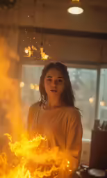 a woman standing next to fire while holding something