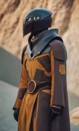 a person wearing a leather outfit with an odd helmet on