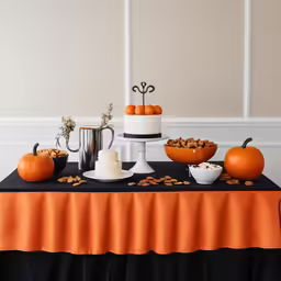 orange and black wedding table setting with cakes