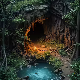 a cave with a small pool in the middle
