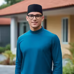 the man is wearing black glasses and a blue top