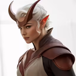 a woman dressed in elf garb, looks ahead