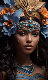 an african american woman wearing a head piece made out of flowers and jewelry