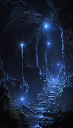 an illuminated tunnel with steps to the water