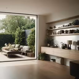a living room scene with wooden flooring and open doors
