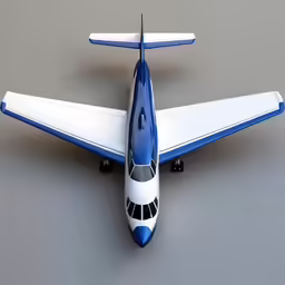 small white and blue airplane sitting on top of a gray surface