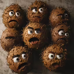 several chocolate cookies with eyes and hair on them