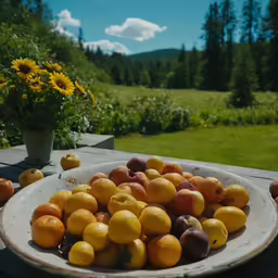 a plate of apples and oranges is sitting on an outside table
