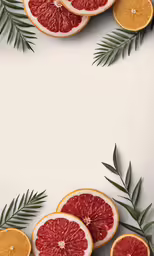 grapefruit and orange slices with leaves against a white backdrop
