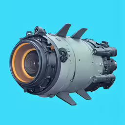 a grey and yellow jet engine sitting on top of a blue background