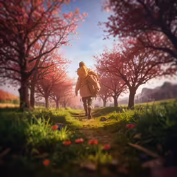 an image of a man walking on a path between trees