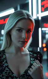 a woman posing for a photo with lights in the background