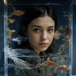 the girl is inside of an aquarium and looking at something