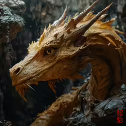 a red dragon is sitting in the rocks