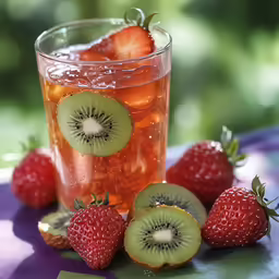two slices of kiwi, strawberries, and a glass of iced tea