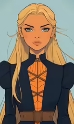 a woman with blonde hair is in a blue outfit and has braids on her waist