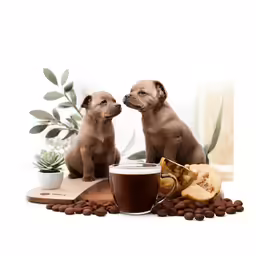 two puppies look at each other while sitting next to a coffee cup and chocolate beans