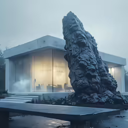 a very large rock in front of a building