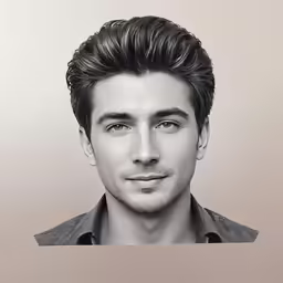 a man with dark hair standing in front of a wall