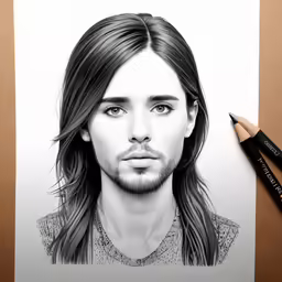 a portrait is shown with pencils on the paper