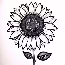 a drawing of a sunflower on a white sheet,an ink drawing of a flower that is black and white