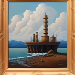 a painting with an oil painting of an oil plant on top of the water