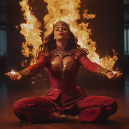 a woman in a red dress is sitting on the floor and meditating with fire