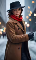 a woman wearing a black hat, brown coat and a red scarf