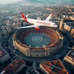 large jetliner flying over an empty city