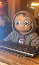 a small wooden character sitting at a keyboard