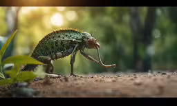 a grasshopper crawling on the ground with its legs stretched out