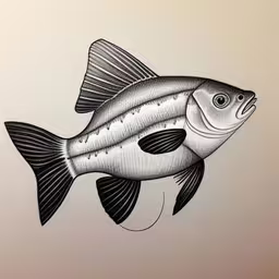 a black and white drawing of a fish,the fish is sitting on the white wall