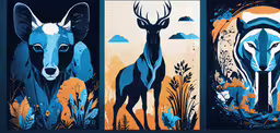three paintings of different types of deer on the wall,three panels of different animals that are on a wall